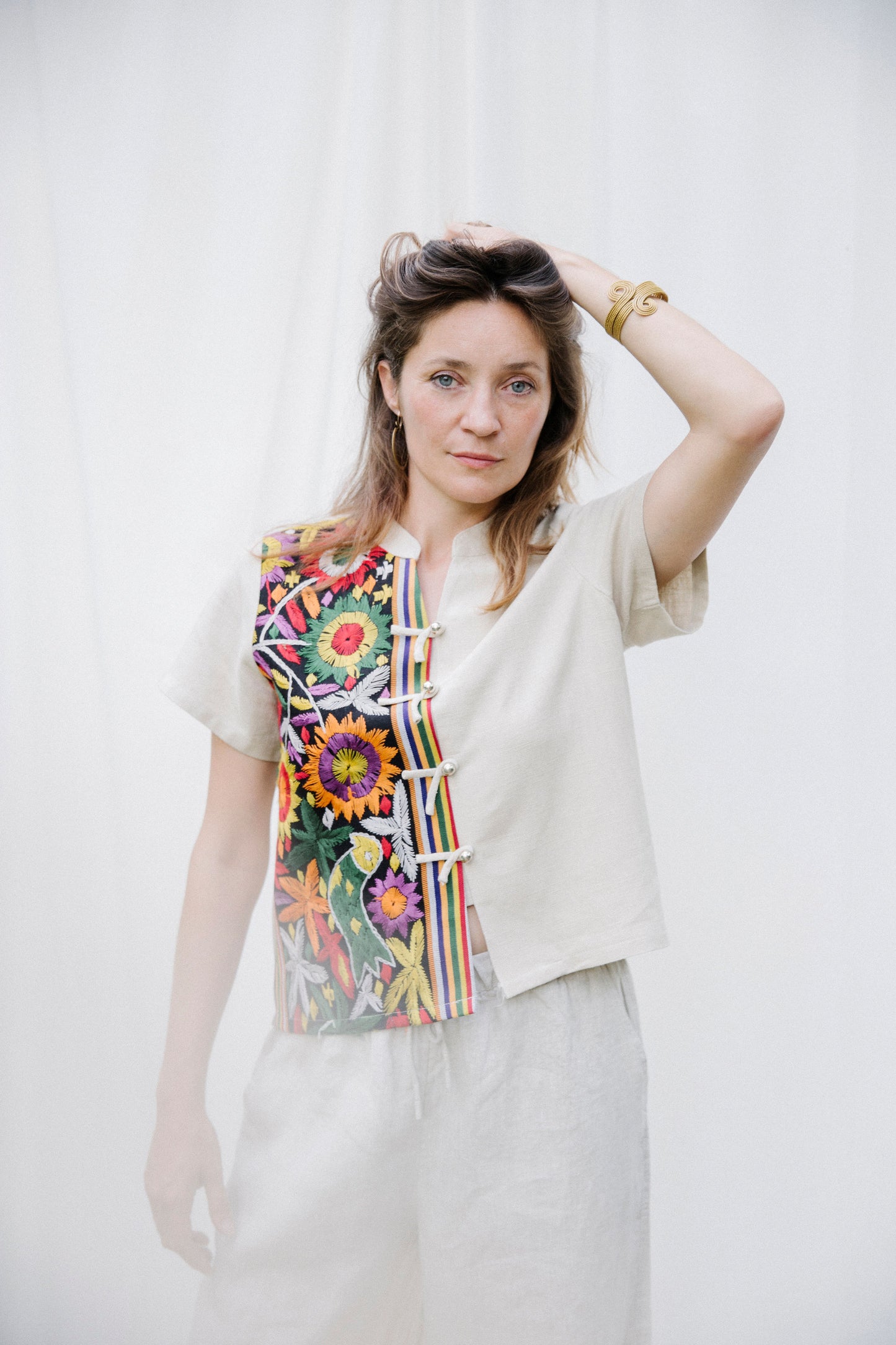 Embroidered hemp linen top