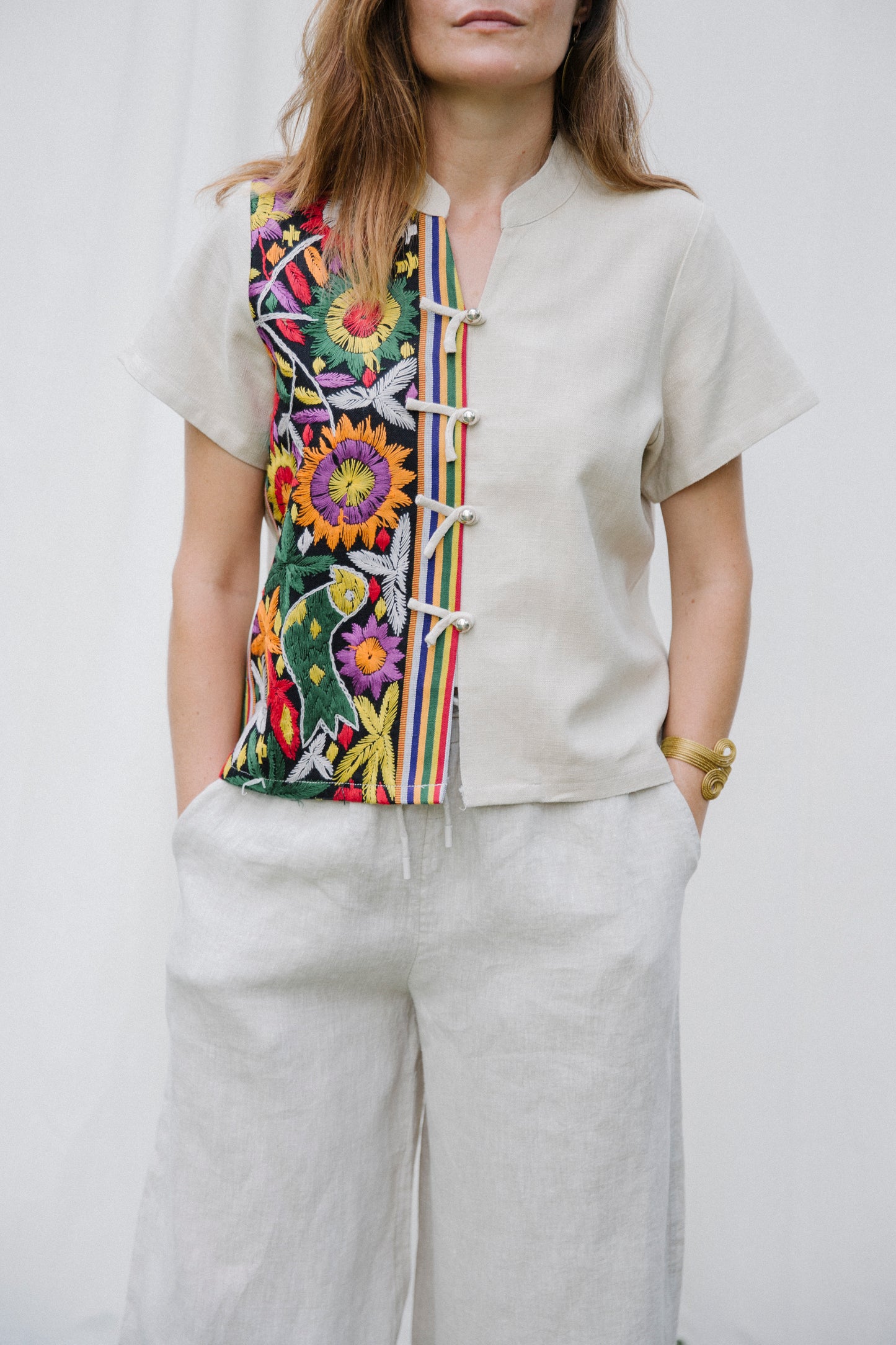 Embroidered hemp linen top
