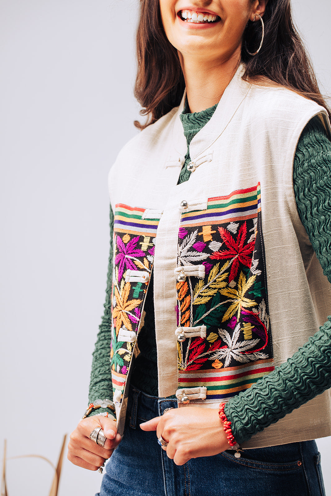 Embroidered hemp linen vest